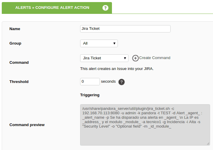 alerta action integración jira con pandora fms