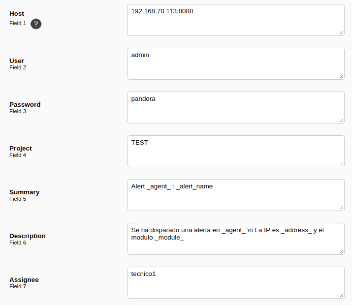 configuración de campos integración jira con pandora fms