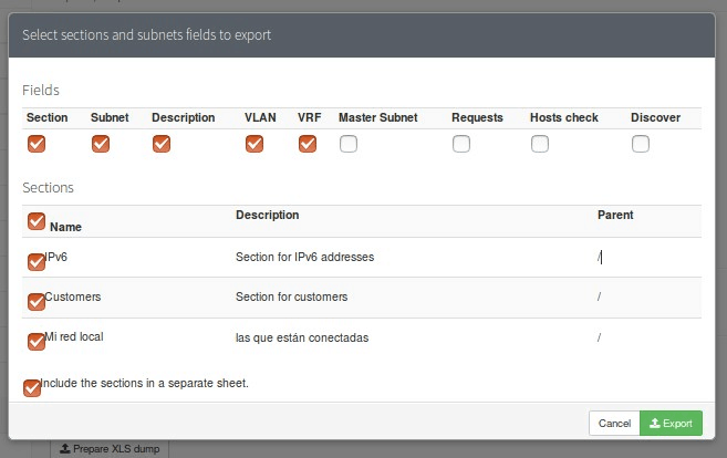 Select sections and subnets fields to export view php IPAM