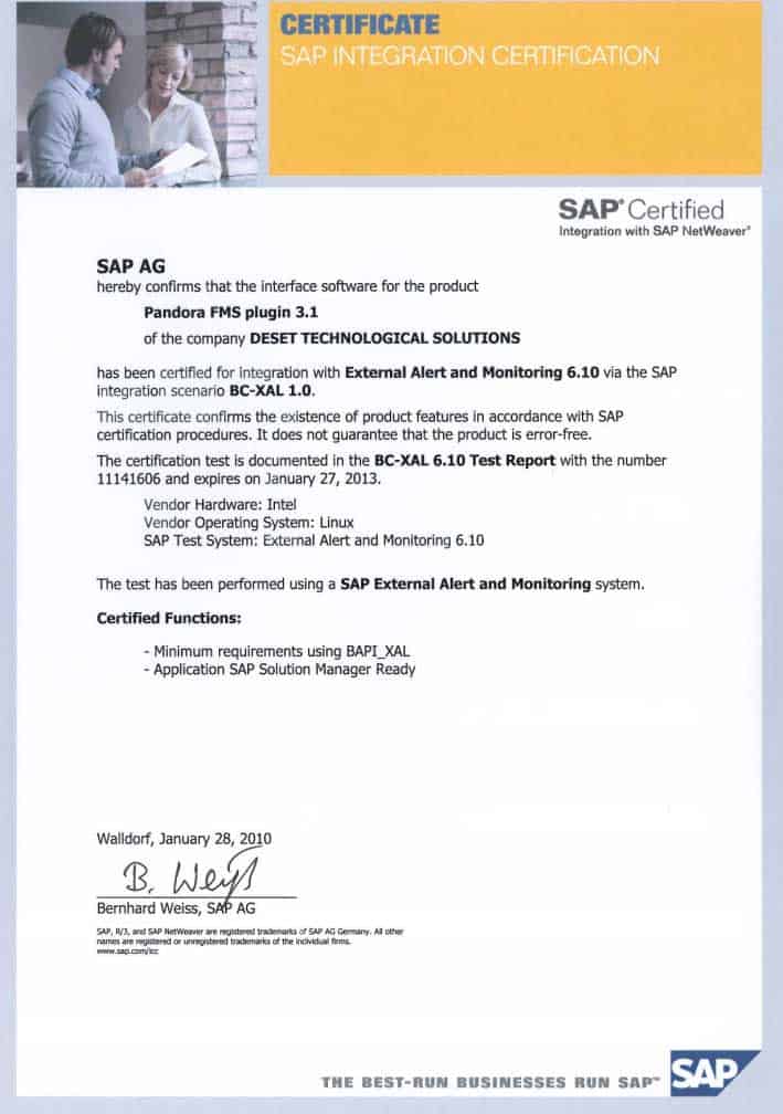 SAP integration certificate Pandora FMS