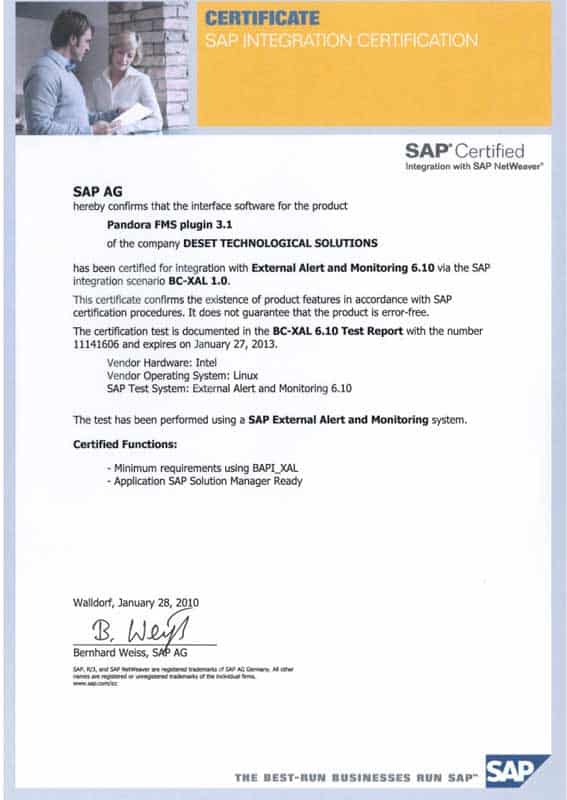 Certificate SAP oficial de Pandora FMS