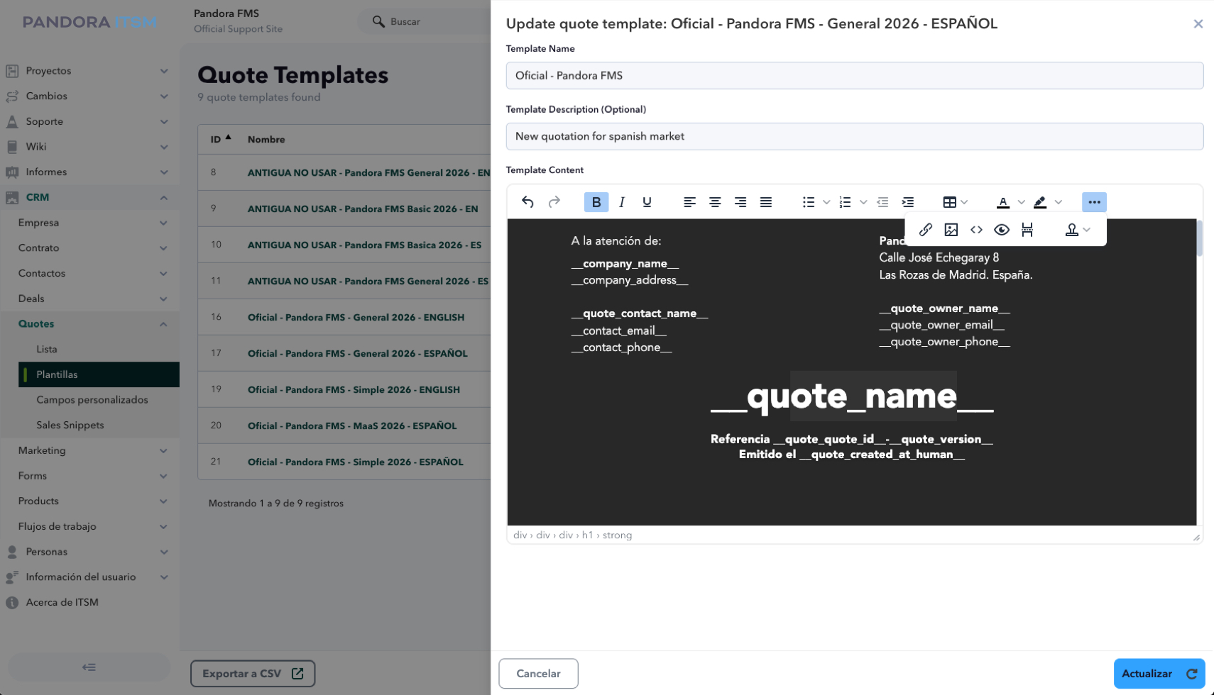 Pandora ITSM Quote maker