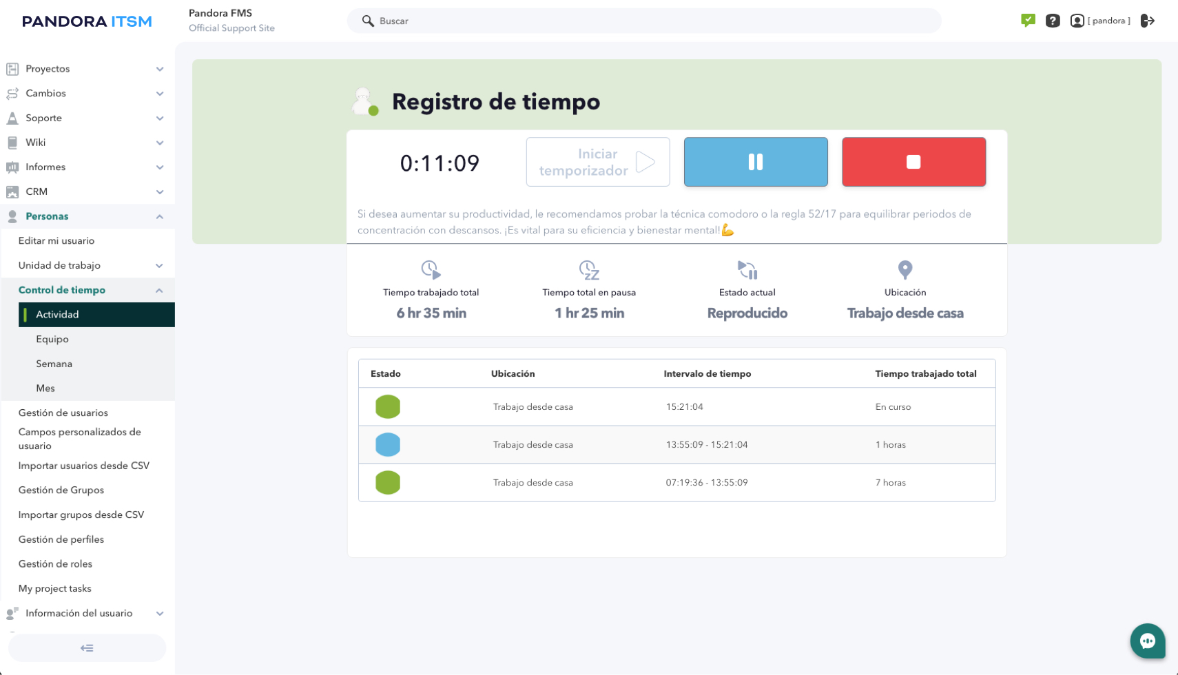 Pandora ITSM Time tracking