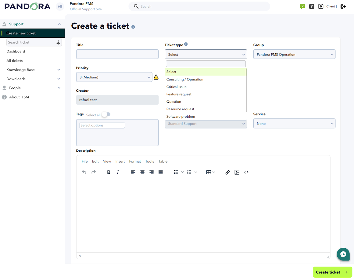 Create new ticket