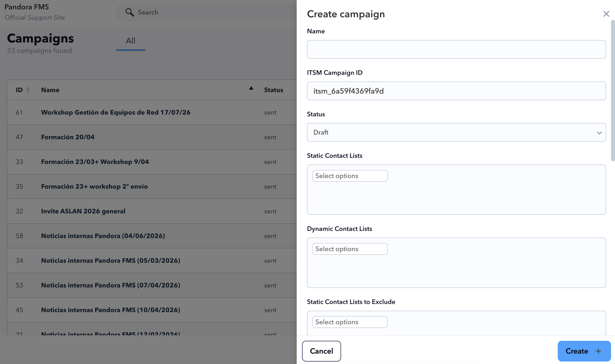 Pandora ITSM campaigns and lists interface
